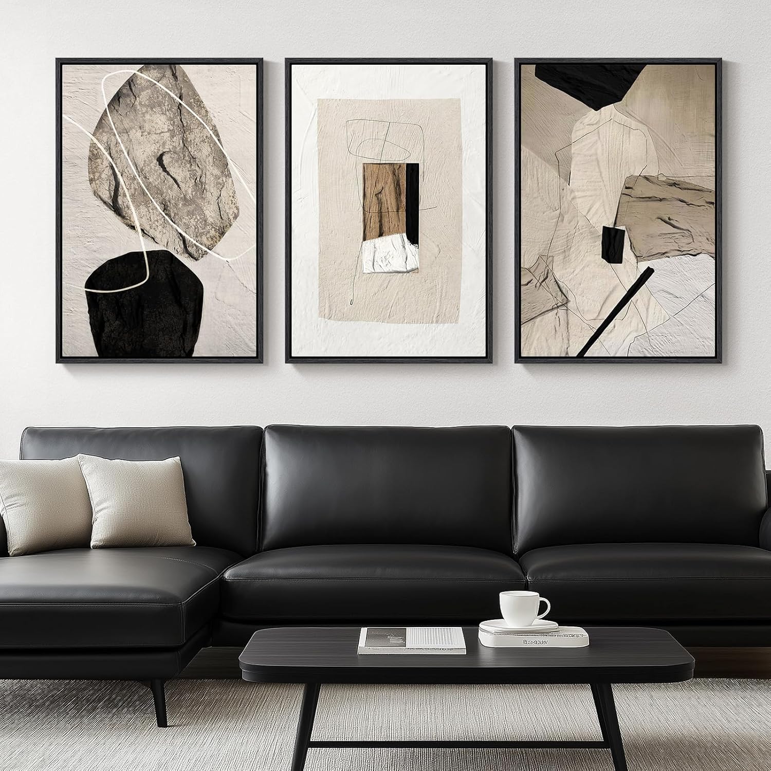 Size 24x36 Large Framed Neutral Abstract Wall Art for Living Room, 3 Piece Modern Canvas Prints Paintings Artwork for Walls, Black and Beige Pictures for Living Room Hallway Stair Office Wall Decor 24x36 Inch